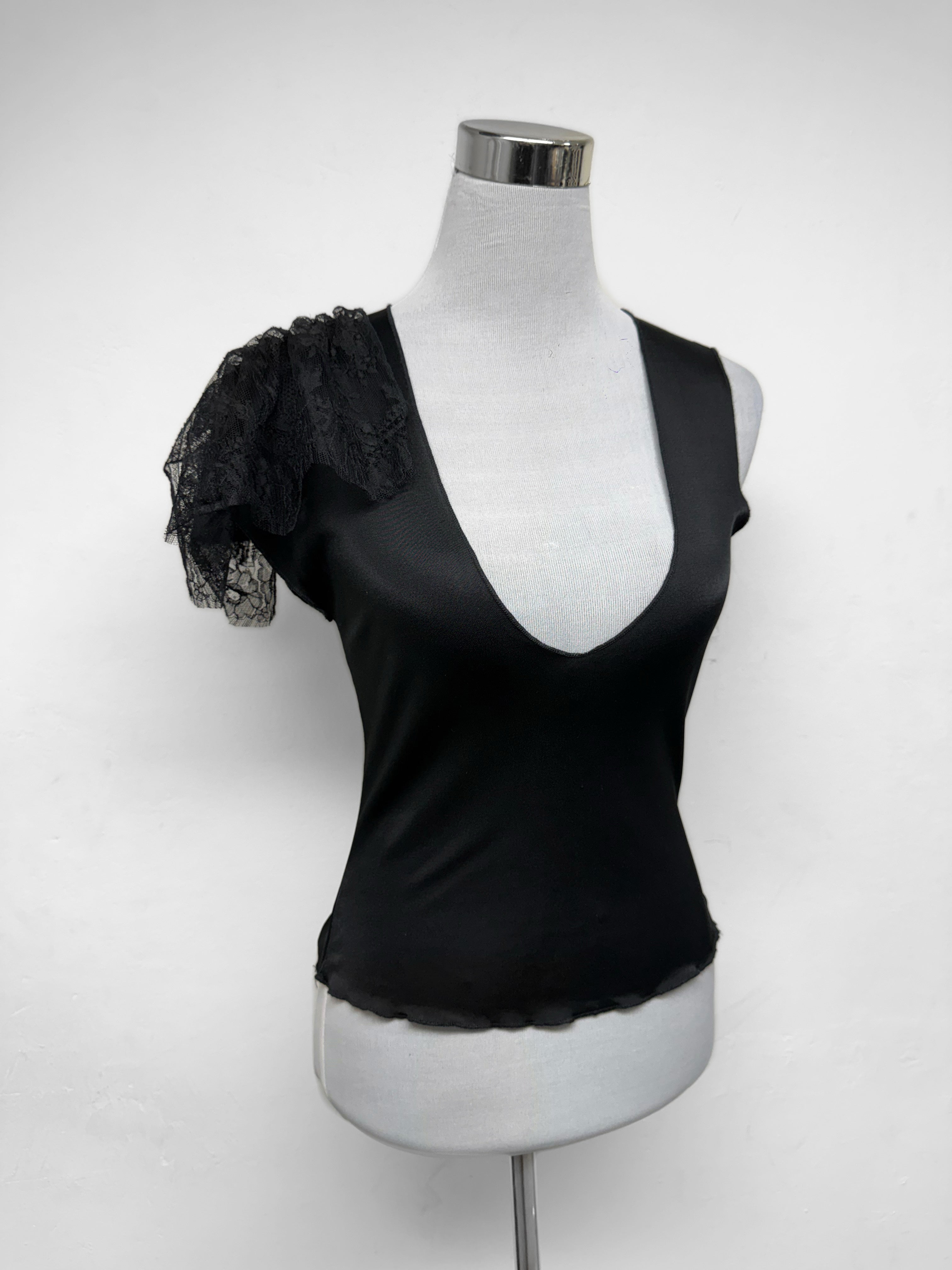 black wet effect tank top with lace detail on one shoulder